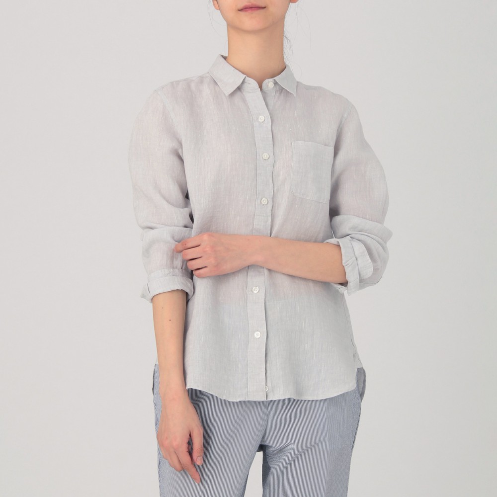 女法國亞麻水洗襯衫(1390→1190,-14%):將法國亞麻的質地完整呈現,並經過水洗加工後,觸感更加棉柔。親和肌膚及柔軟舒適的穿著感是其特點。 (1)