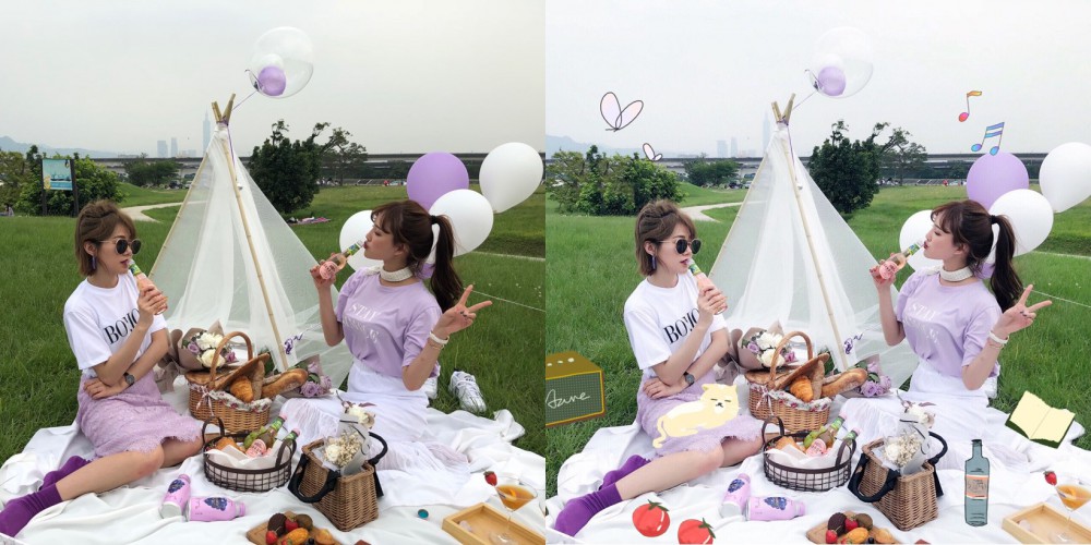 [圖說2] 手繪風貼紙讓野餐照片更活潑可愛，就用《美圖秀秀》貼紙「星期天的下午」妝點照片！