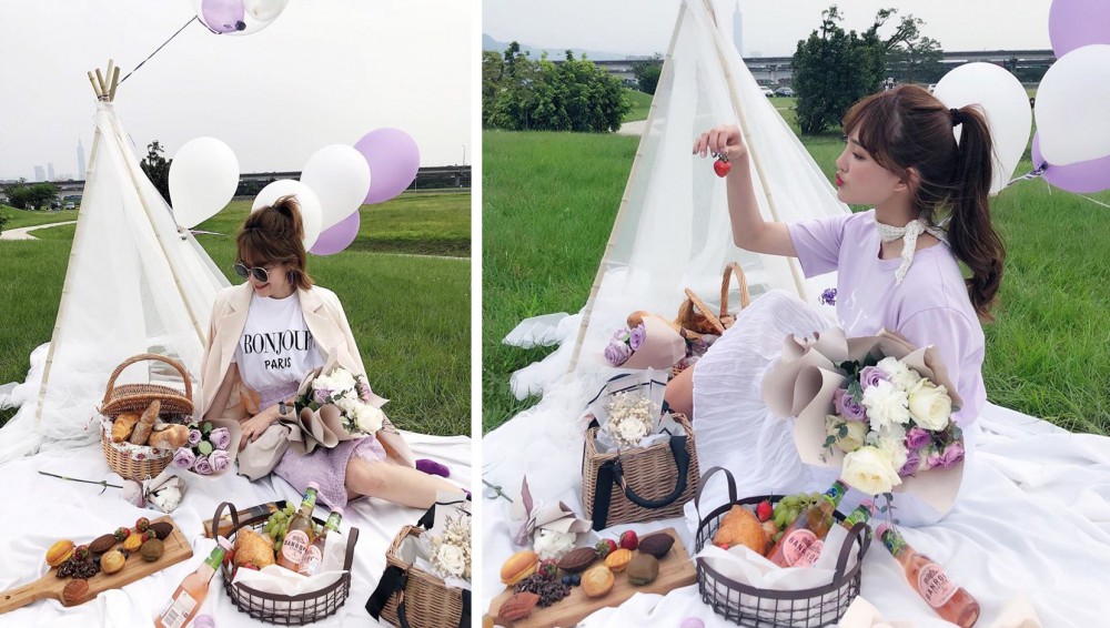 [圖說4] 手捧浪漫花束，不看鏡頭最自然，濾鏡為《美圖秀秀》「清新美顏」的「自然」，濾鏡程度70%