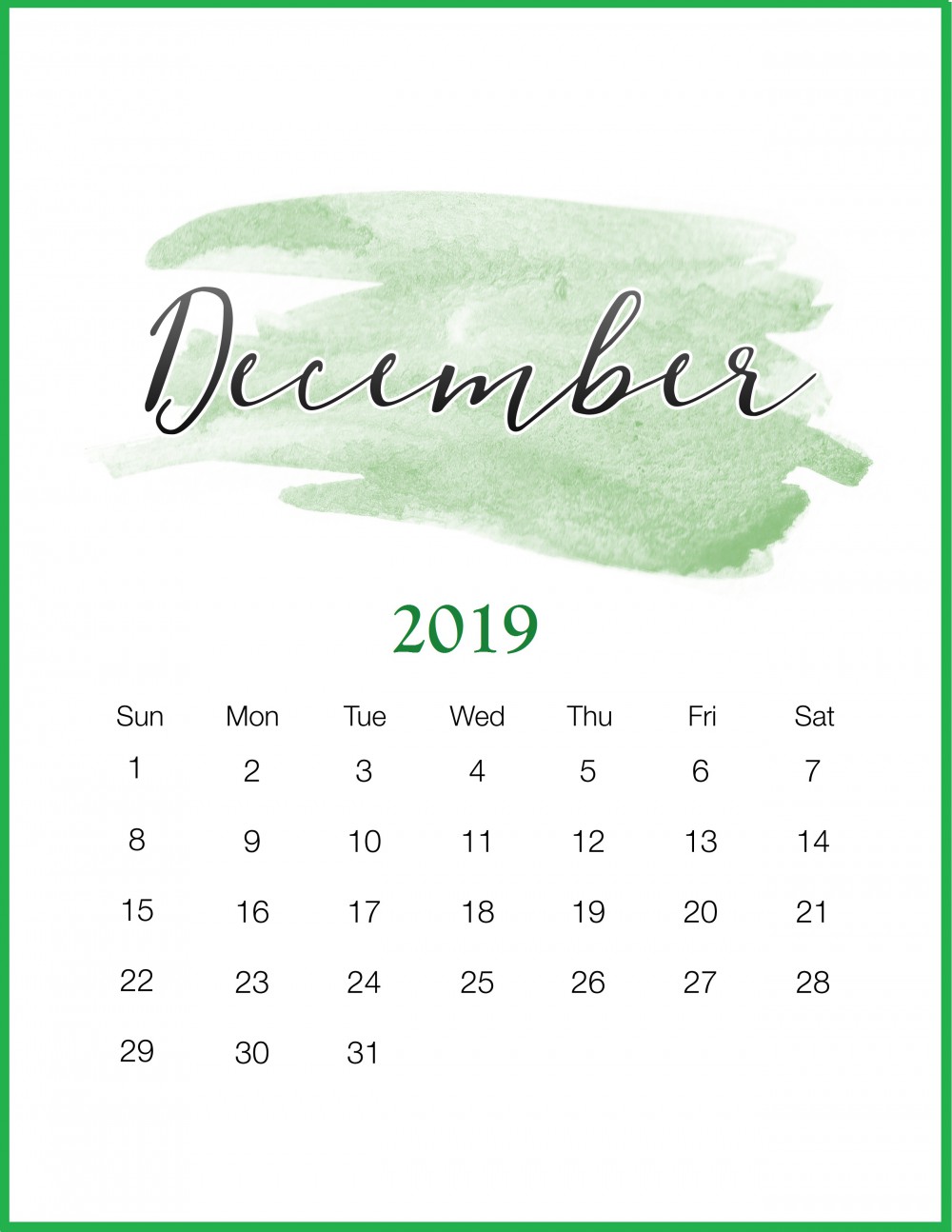Watercolor-2019-December-Printable-Calendar