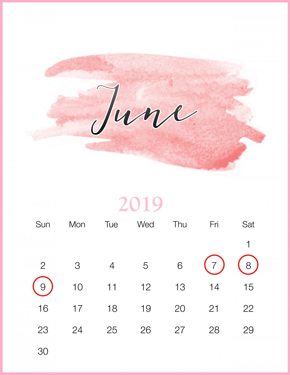 Watercolor-2019-June-Printable-Calendar拷貝