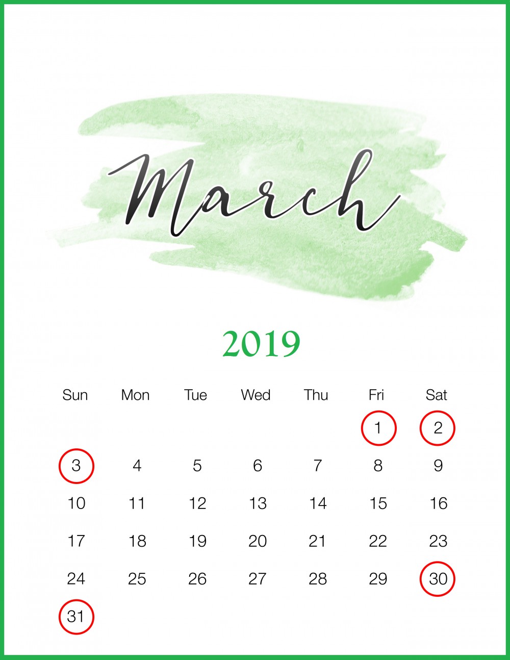 Watercolor-2019-March-Printable-Calendar拷貝