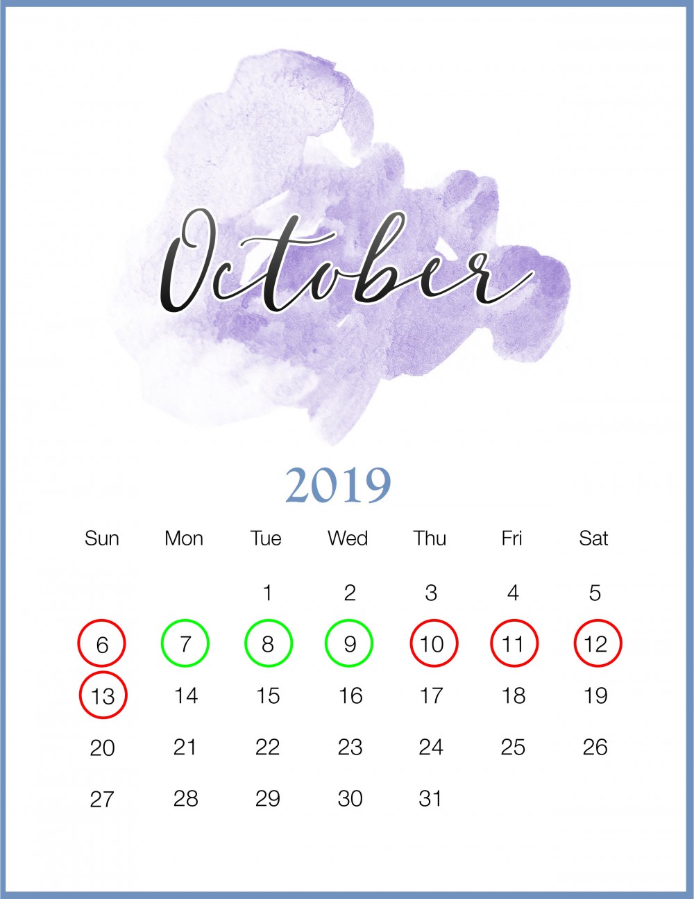 Watercolor-2019-October-Printable-Calendar拷貝