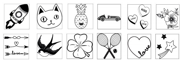 12種燙印圖騰，包含復古跑車、扶桑花、火箭、喵星人、旺來鳳梨、幸運草、愛神之箭、燕子、網球、愛心、流星等俏皮圖案