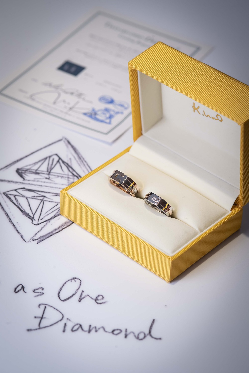 夏于喬親手設計與老公專屬對戒,戒環搭配「Soulmate」字樣及鑽石原石切割而成的「Two as One Diamond」