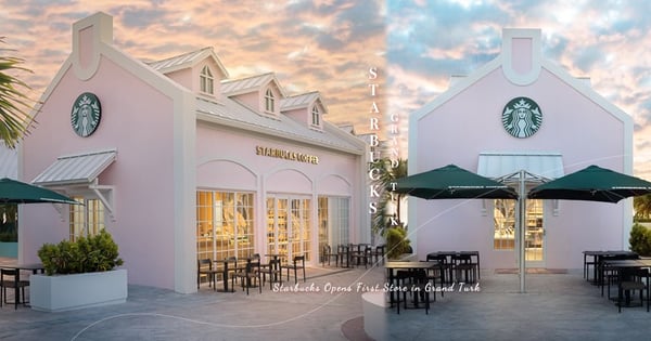 草莓起司色的星巴克超浪漫!STARBUCKS於大特克島開夢幻首店~全粉建築配上加勒比海陽光整個美翻天