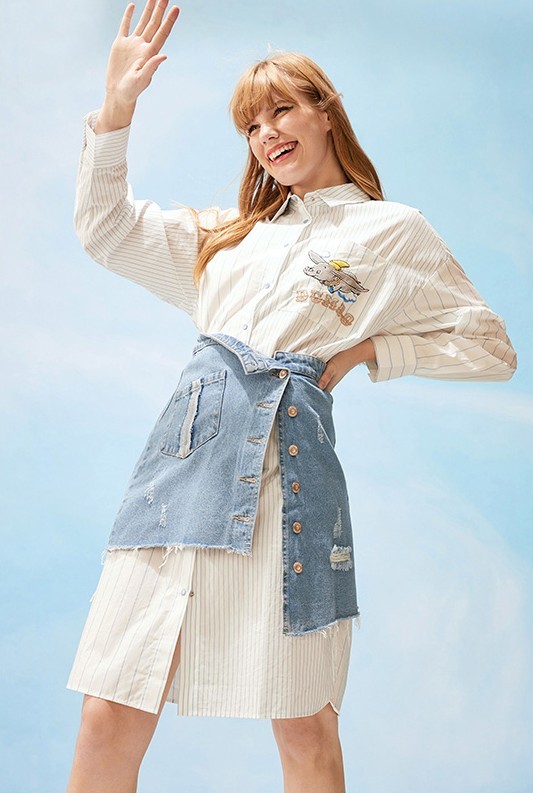 小飛象藍白條紋襯衫洋裝