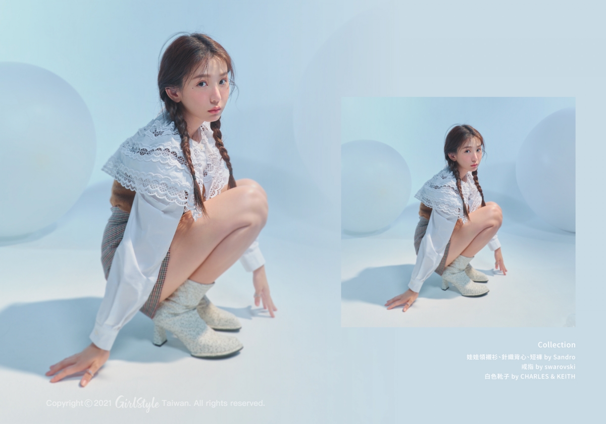 娃娃領襯衫、針織背心、高腰短褲 by Sandro,白色靴子 by CHARLES & KEITH,戒指 by swarovski