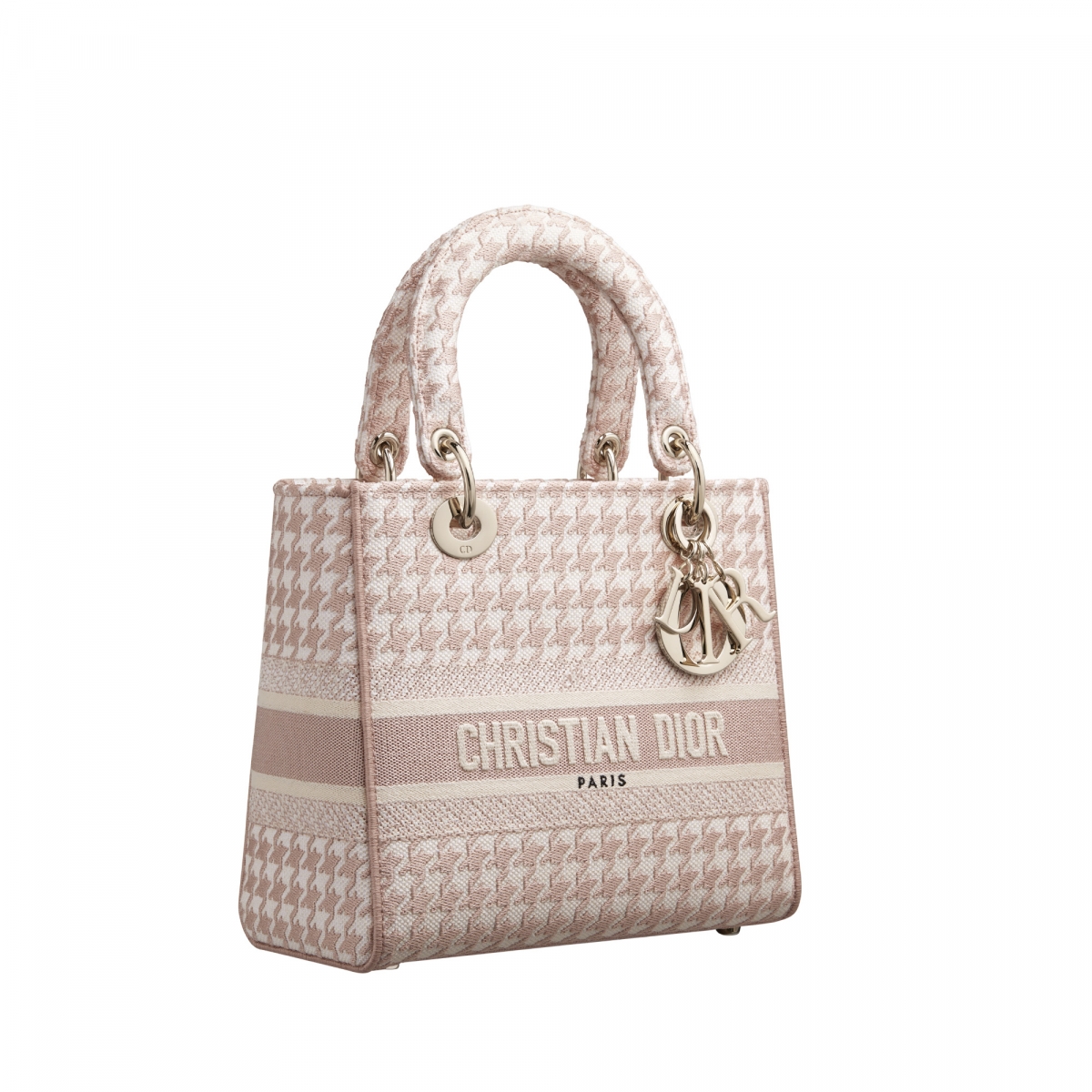 Lady D-Lite 玫瑰粉千鳥格刺繡帆布中型提包 NTD140,000