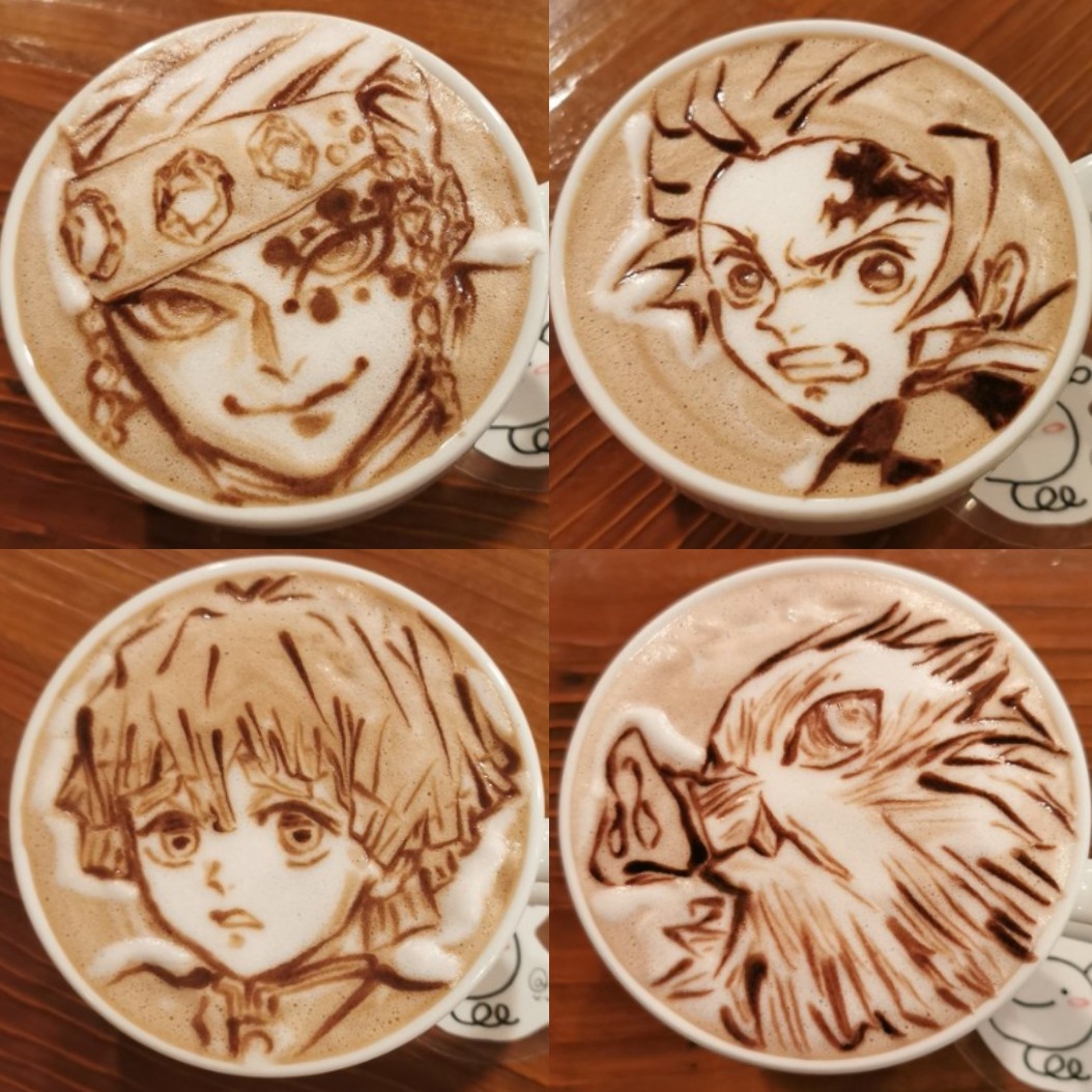 《鬼滅之刃》音柱、炭治郎、善逸、伊之助咖啡拉花