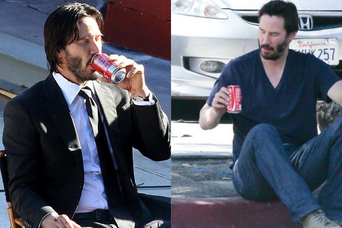 基努李維片場空檔喝可樂