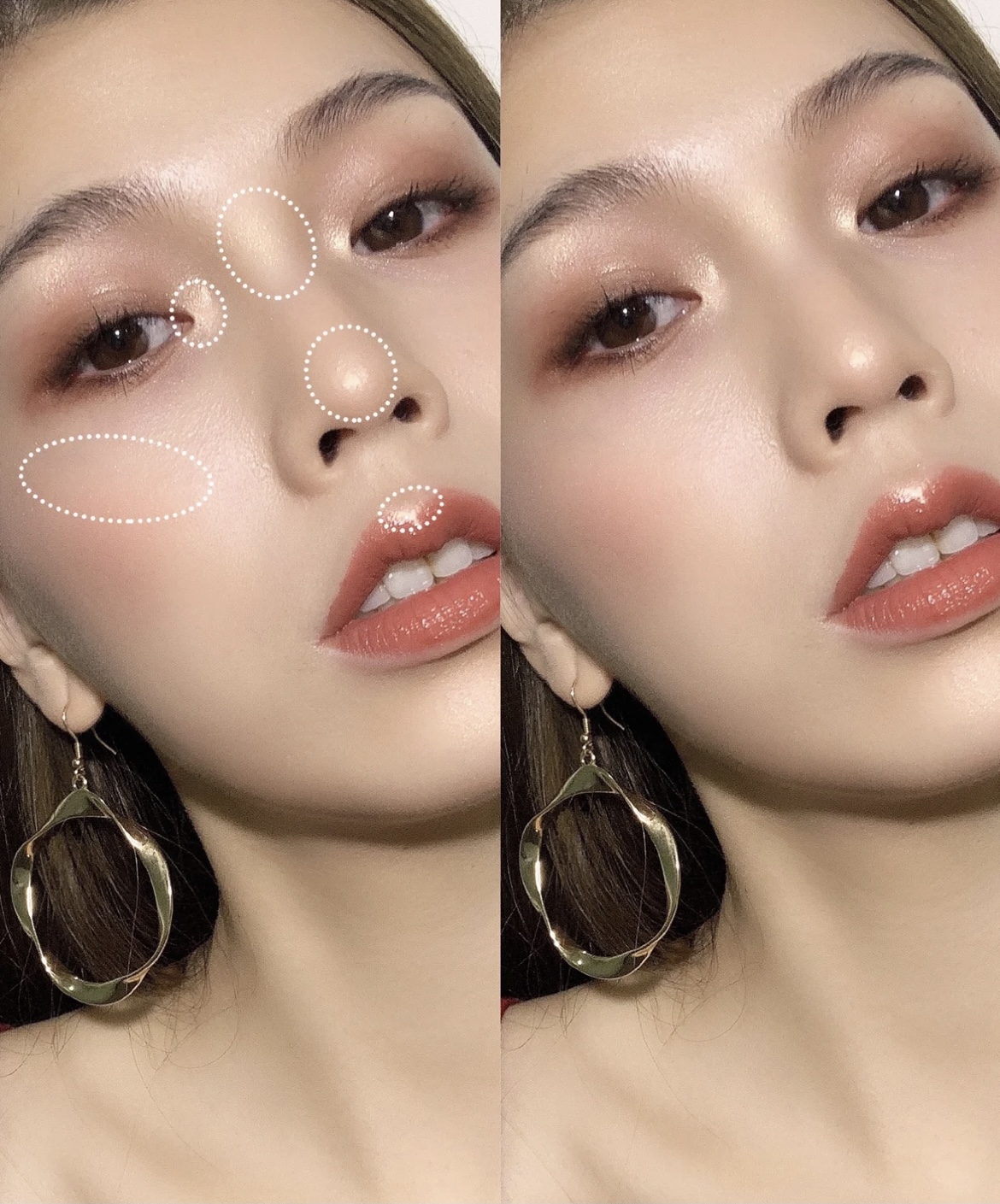 打亮位置1:眉骨+鼻梁、鼻頭