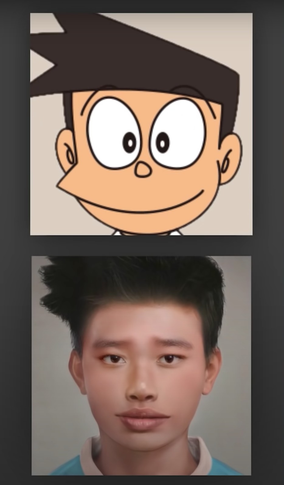 小夫變成真人後，瞬間有了性感厚唇。