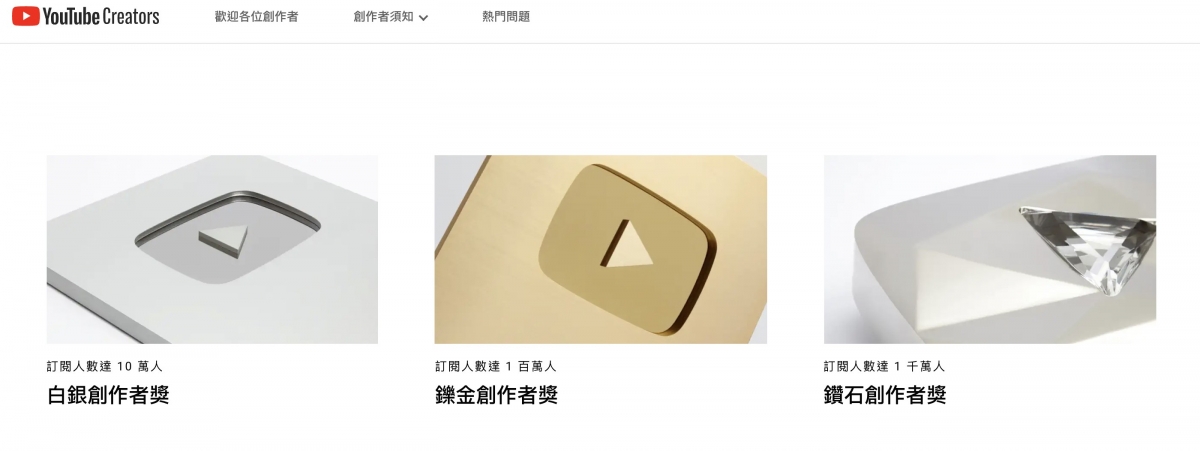 隨著訂閱數的不同,所頒發的獎牌也不一樣