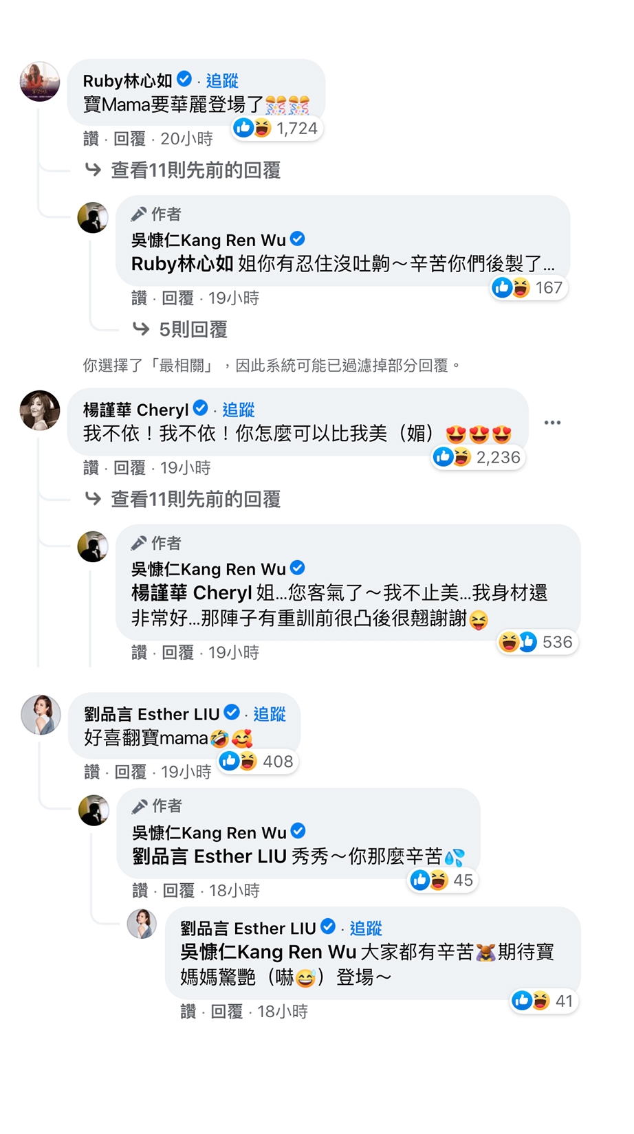 林心如、楊謹華、劉品言也在吳慷仁的「寶媽媽」自拍美照中留言。