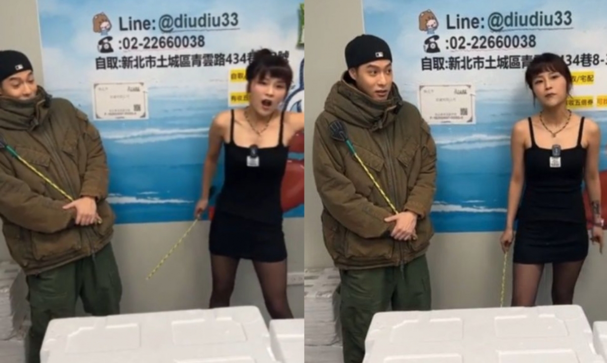 周湯豪在人氣帶貨直播主「丟丟妹」直播中嚇到的模樣被瘋傳。