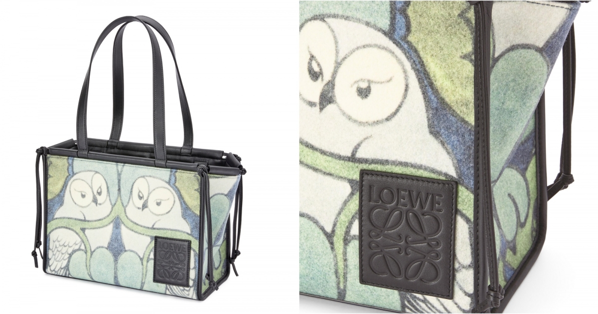 LOEWE Cushion貓頭鷹圖案毛氈布拼接皮革邊托特包,NT$53,000