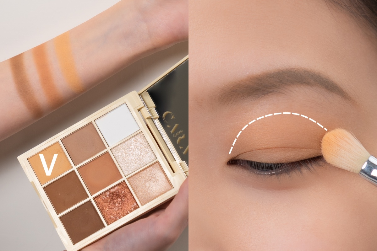 霧面眼影眼妝配色STEP 1:淺色打底