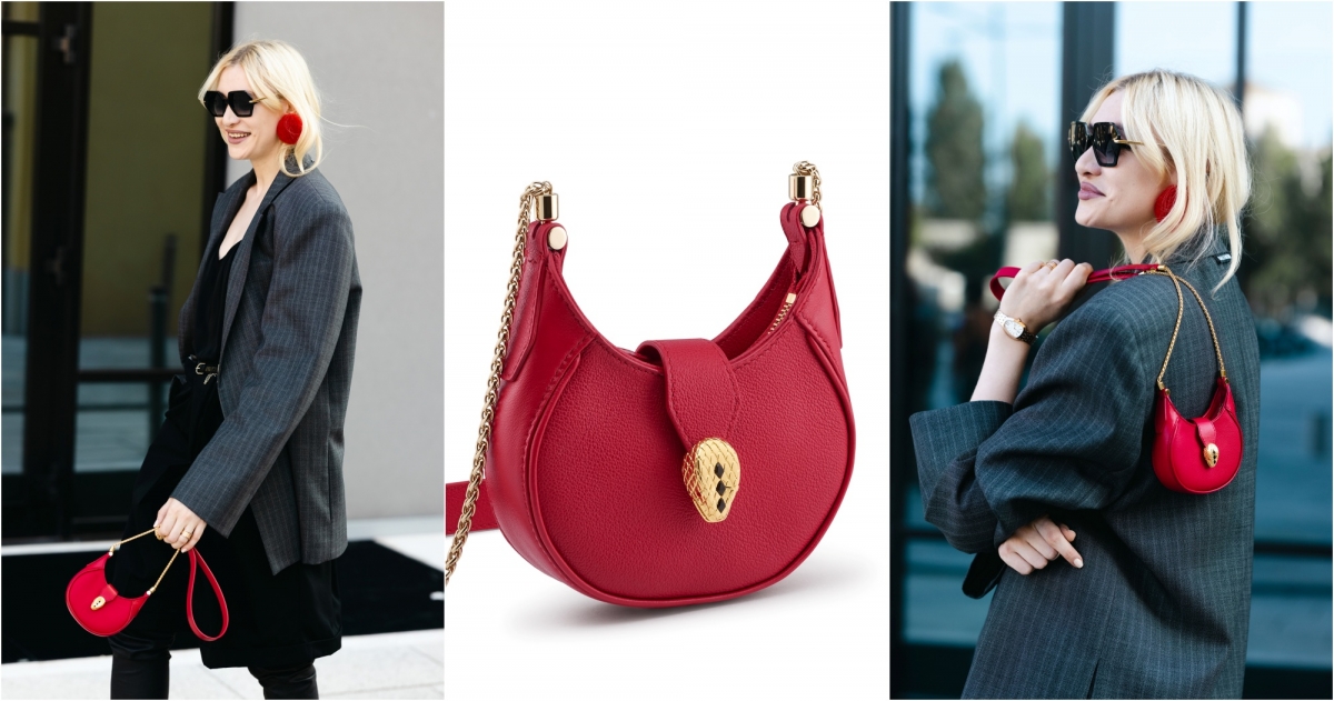 BVLGARI Serpenti Hobo洋紅石榴石色小牛皮迷你新月包,約NT$33,600