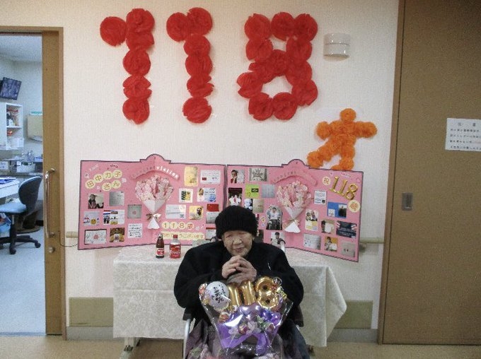 「全球最高齡」的田中加子奶奶,去年過118歲生日時的照片。
