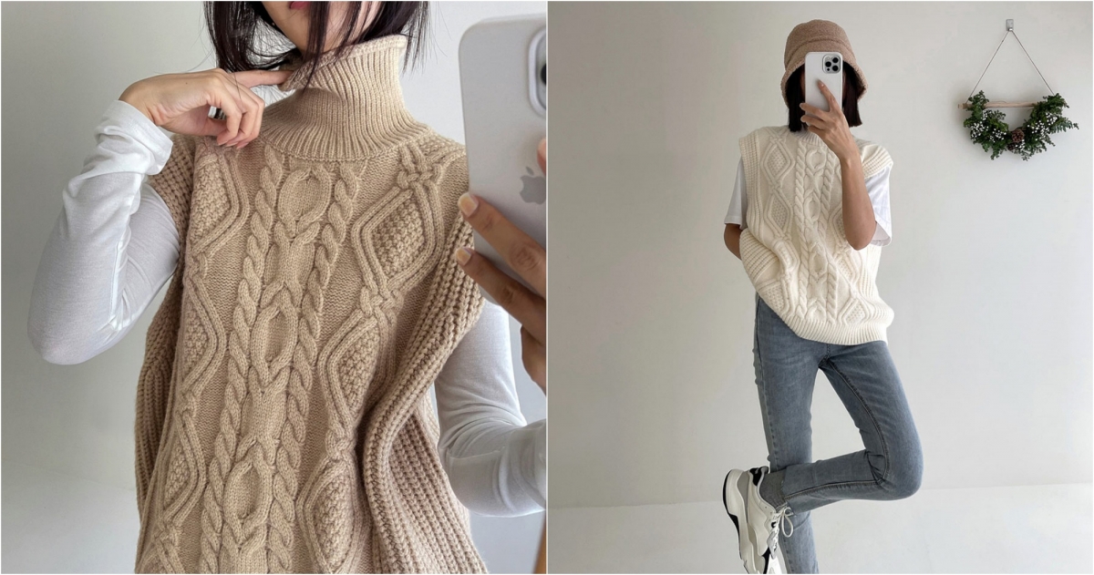 貓咪曬月亮麻花高領毛線背心，NT$780