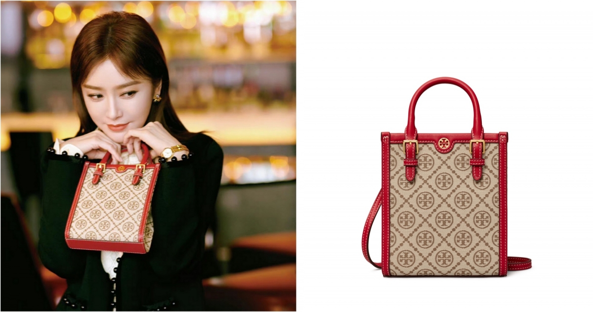 Tory Burch服裝搭配胭脂紅T Monogram 直式迷你托特包,NT$18,900