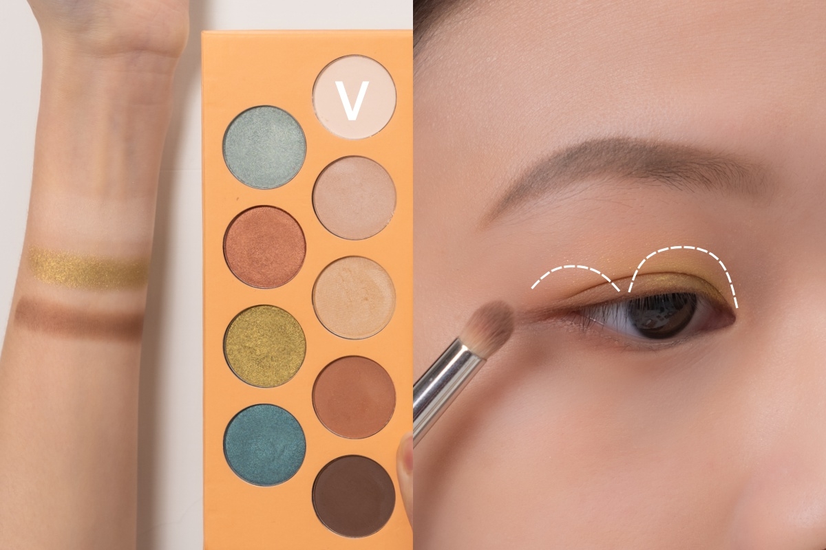 撞色眼影眼妝配色STEP2:霧面深色壓眼尾眼窩+撞色珠光暈染眼頭