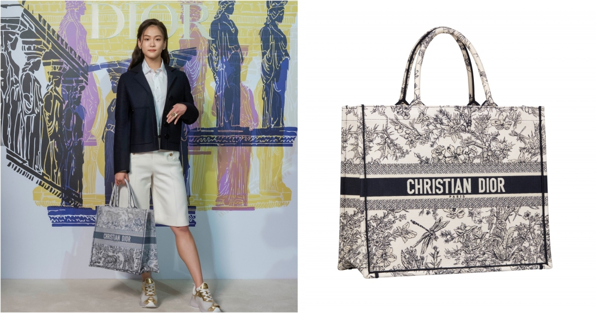 文姿云出席「DIOR 2022 早春度假時裝系列 媒體預覽」Dior Book 藍色法式印花花卉刺繡帆布大型托特包,NT$98,000
