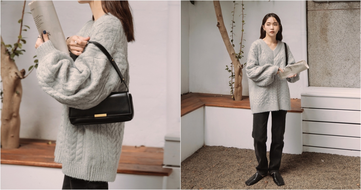 MEIER.Q毛絨絨感厚磅V領麻花針織上衣，NT1,490