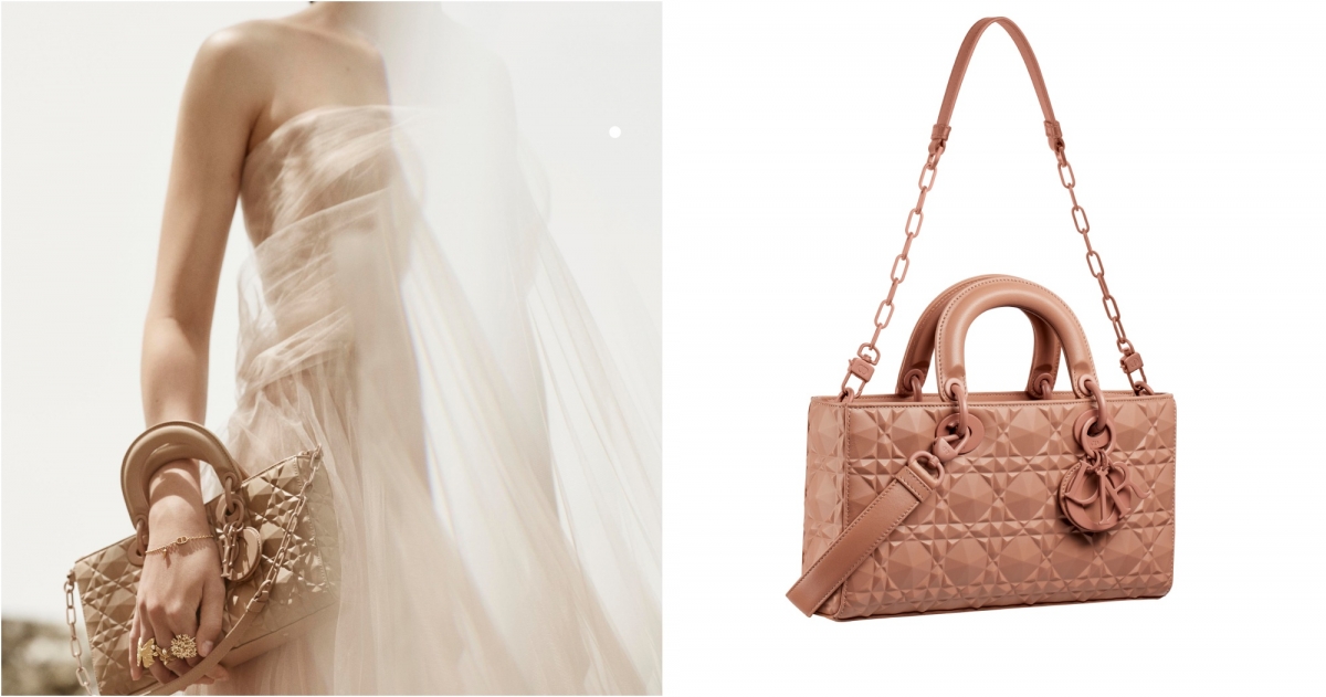 DIOR Lady Dior East West 玫瑰粉鑽石籐格紋小羊皮提包,NT$150,000