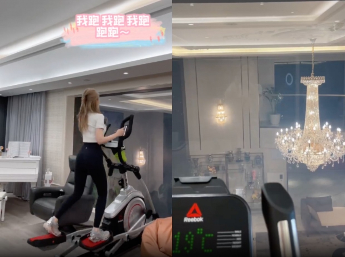 周揚青透露她的跑步機擺放位置剛好可以俯視家中的水晶吊燈與屋內一角。