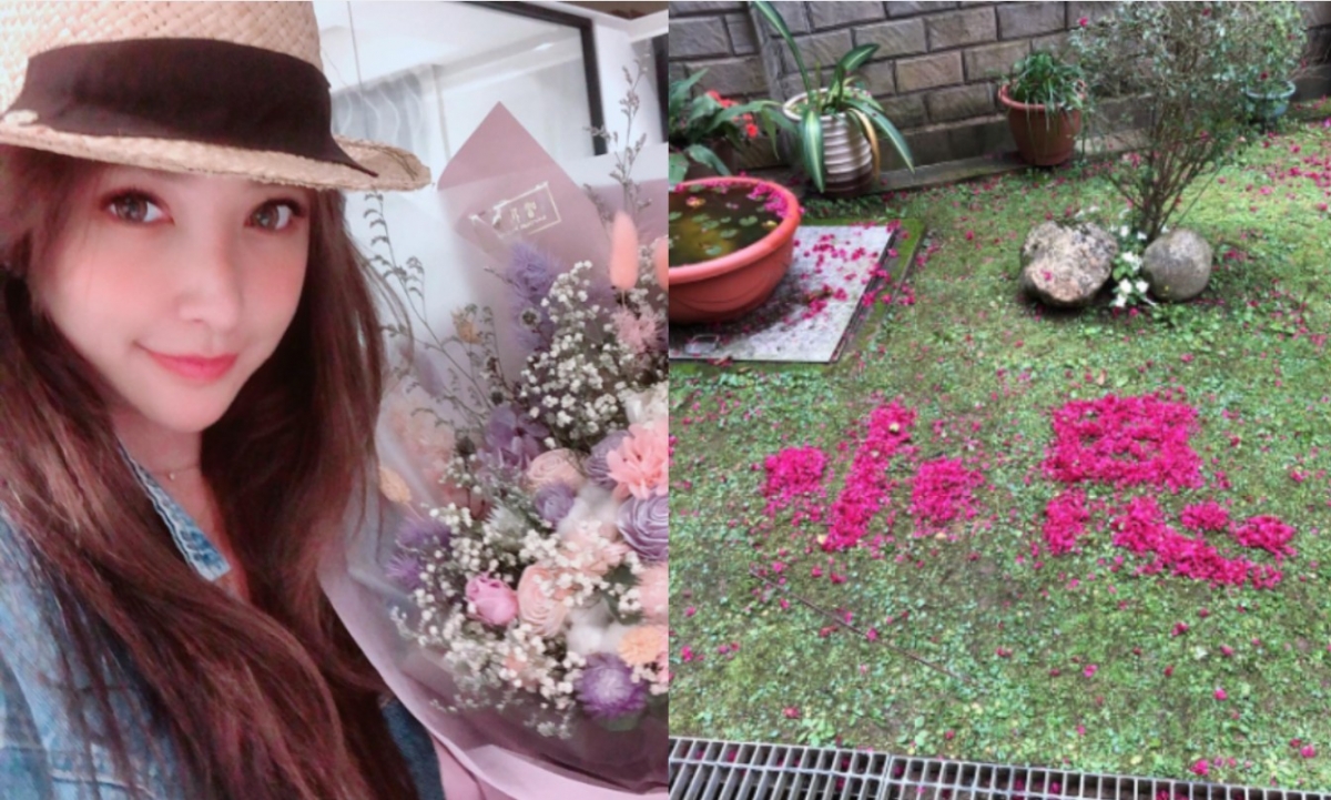 許維恩分享婆婆在自家花園以花瓣拼了她的名字。