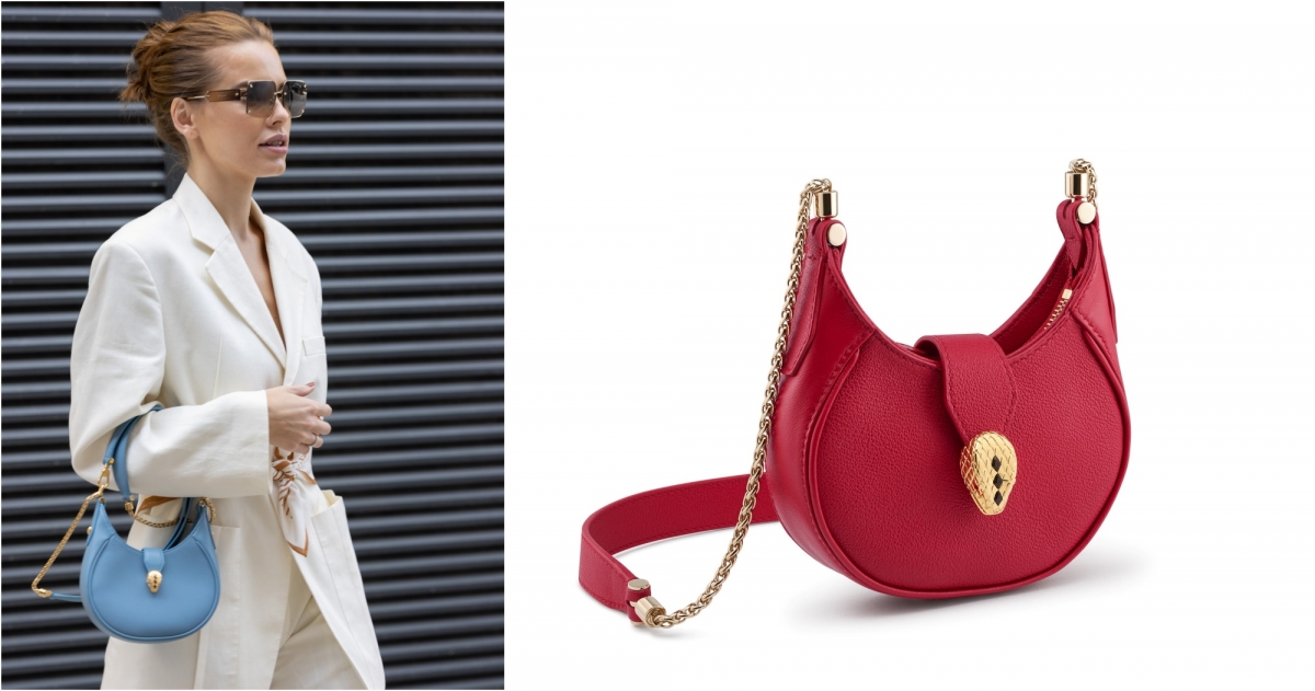 BVLGARI Serpenti Hobo洋紅石榴石色小牛皮迷你新月包，NT$33,600