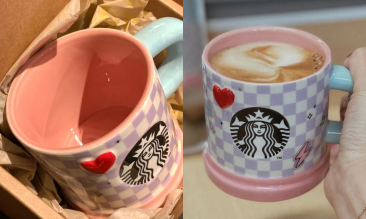 粉紅＋粉紫色的棋盤格撞色馬克杯非常有少女感。