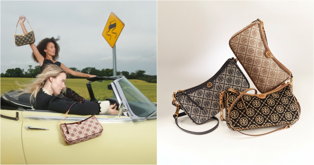 Tory Burch T Monogram 船型腋下包-海軍藍和焦糖褐緹花款式，NT$16,900, 黑色織紋款，NT$19,900