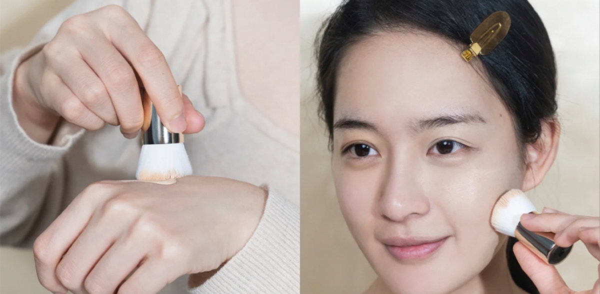 接著用刷具或沾濕的美妝蛋沾取粉底,並以「按壓」的方式將底妝拍開