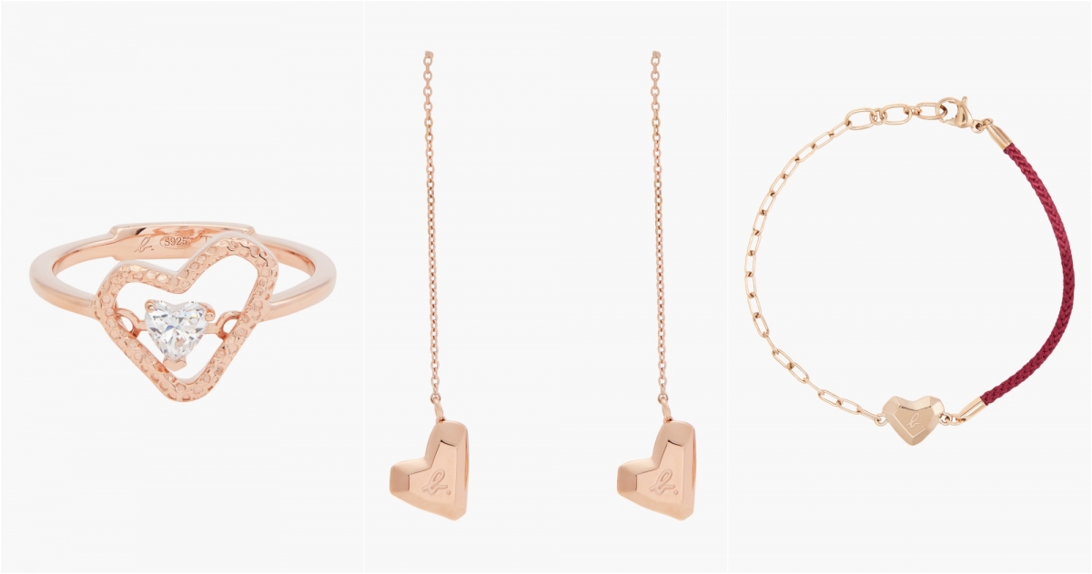 agnès b.心形戒指， NT$3,980,b. Logo垂墜式心形耳環， NT$2,480,b. Logo心形手鍊 NT$1,980