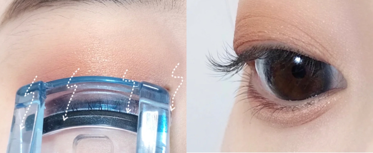 輕夾一下睫毛後要「往下拉夾」，分段式重複這個步驟把睫毛夾翹