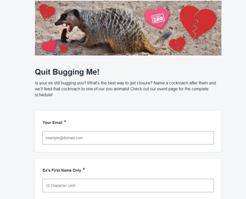 艾爾帕索動物園(El Paso Zoo)開放民眾上網登錄前任或是討厭的人的姓名,命名小強來餵食園區內的狐獴。