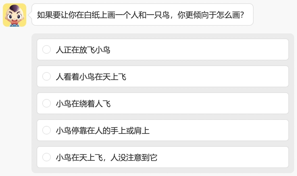 問題1：如果要讓你在白紙上畫一個人和一隻鳥，你更傾向於怎麼畫？