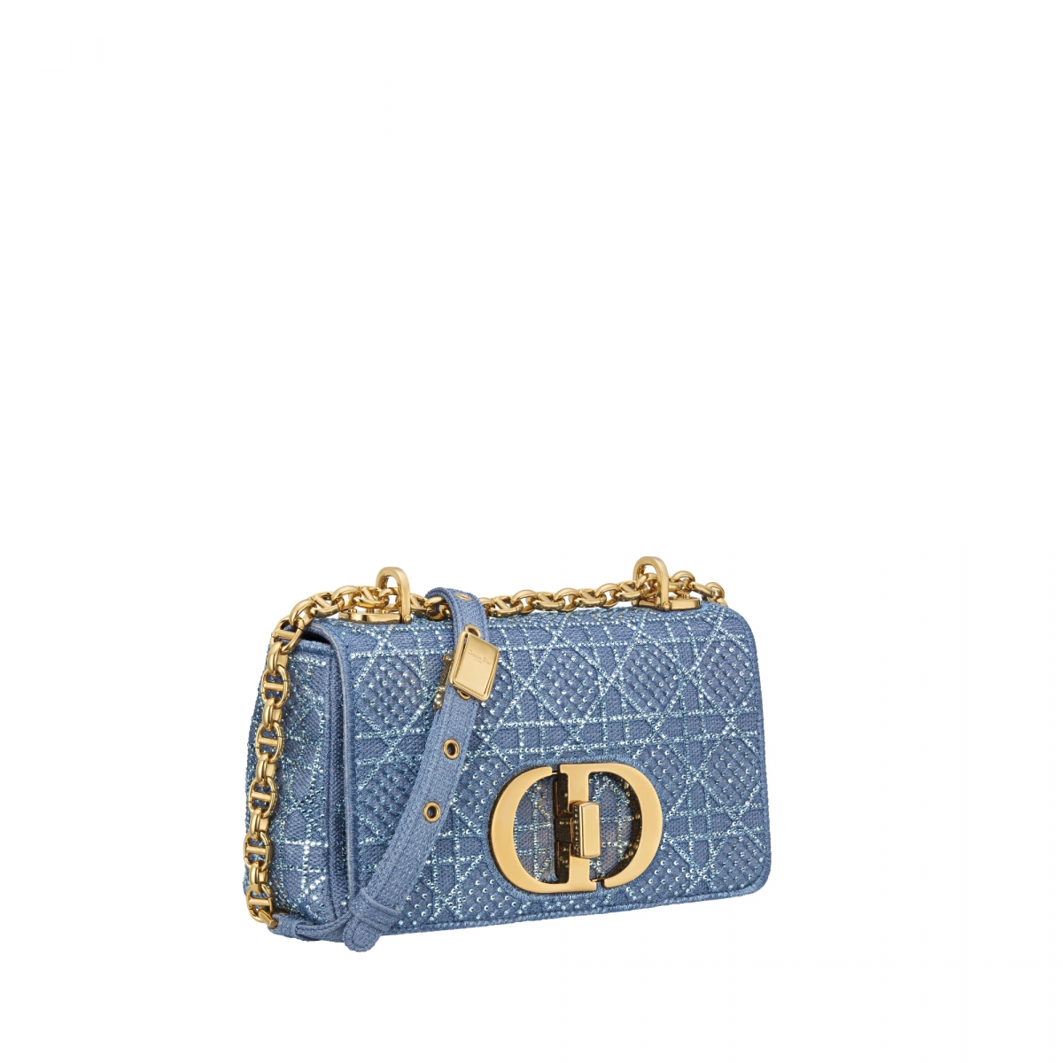Dior Caro 丹寧藍銀線刺繡籐格紋帆布鍊帶包，NT165,000