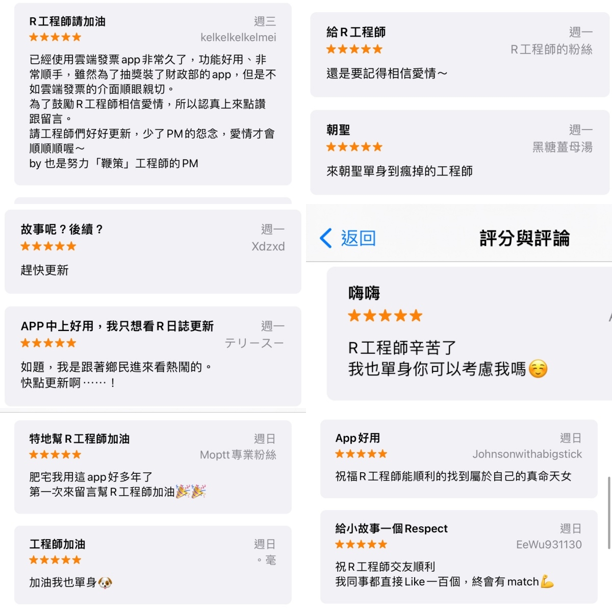 用戶給予的五星好評「評論」