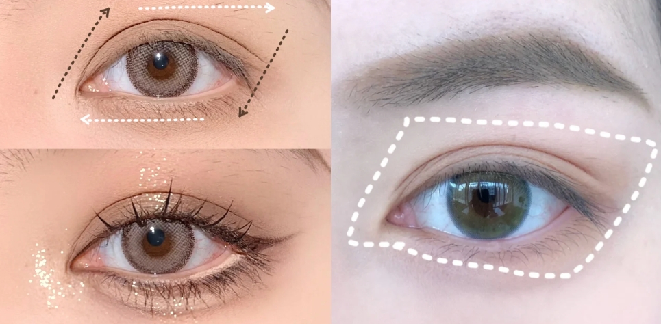 「平行四邊形眼影」主要是利用眼影暈染呈現四邊形，任何眼型都適用