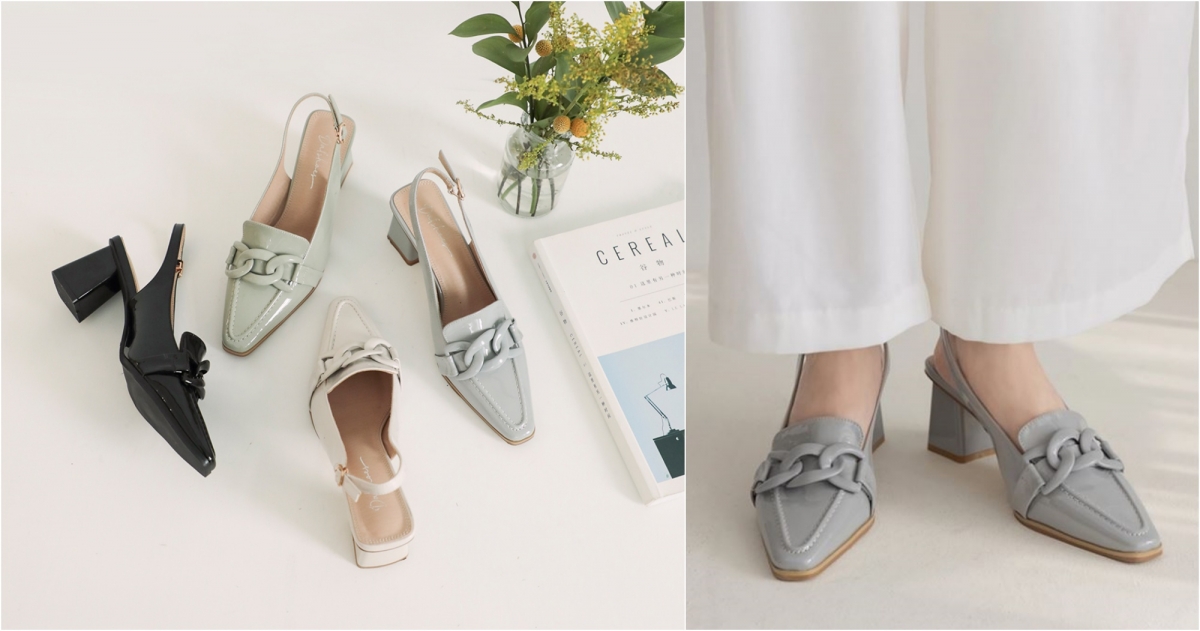 D+AF粉彩鍊條漆皮後空跟鞋，NT$980