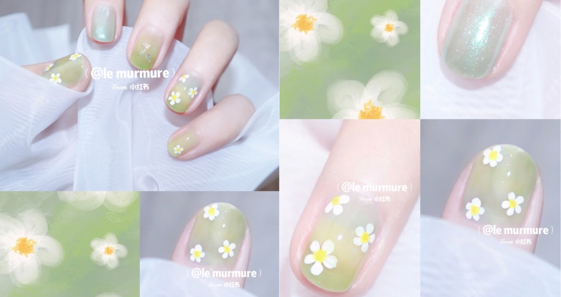 2022春夏綠色系美甲推薦2:馬卡龍薄荷 X 白色小花