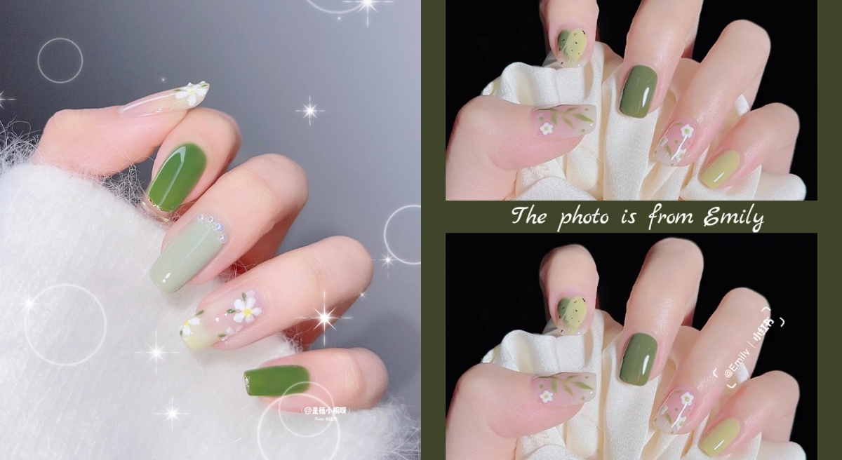 2022春夏綠色系美甲推薦4:酪梨綠 X 小雛菊
