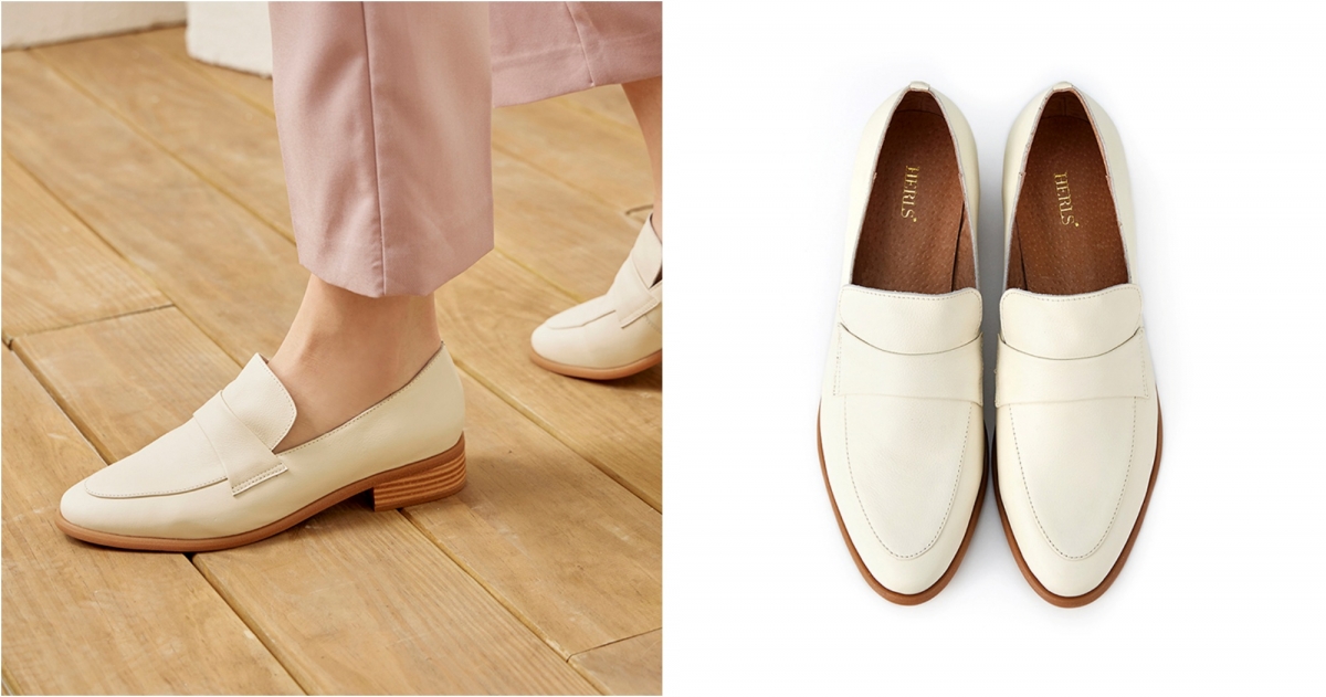 HERLS荔枝紋牛皮橫帶橢圓頭低跟樂福鞋，NT$2,980