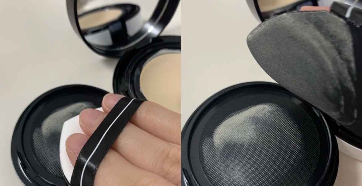 用粉撲沾取完氣墊粉餅後,要記得先在粉餅蓋上壓掉一些餘粉