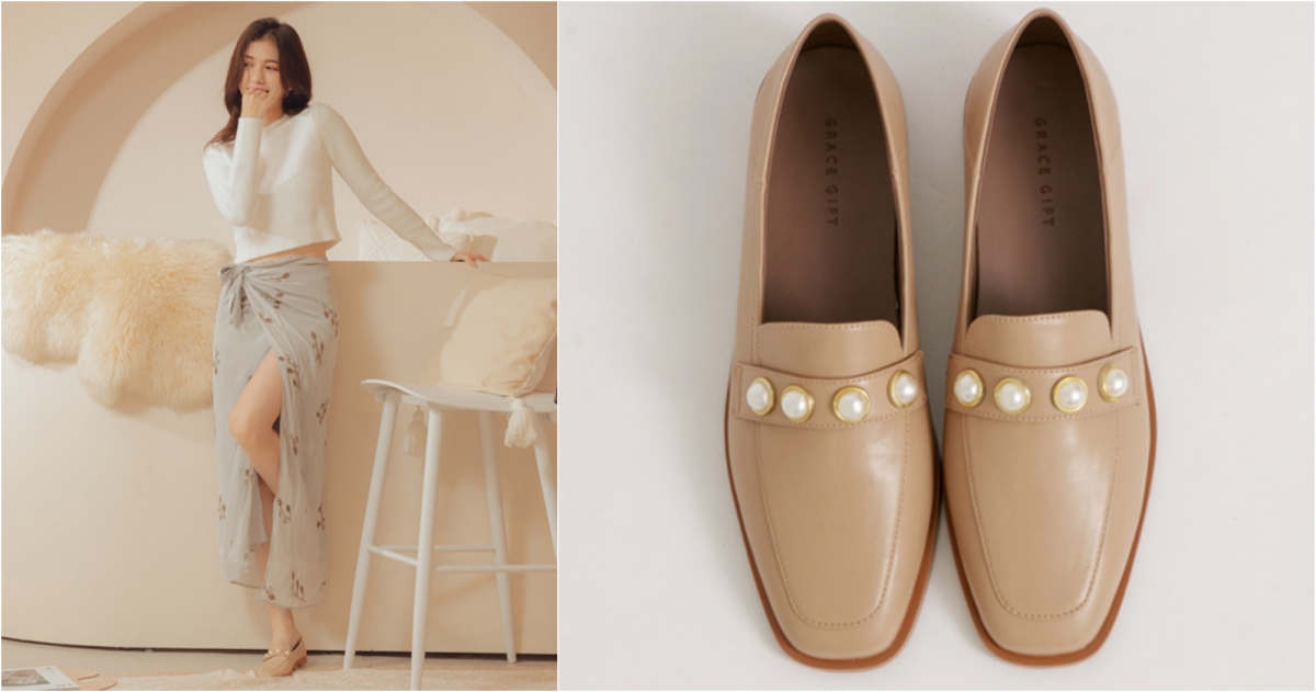 Grace Gift珍珠2way平底樂福鞋，NT980