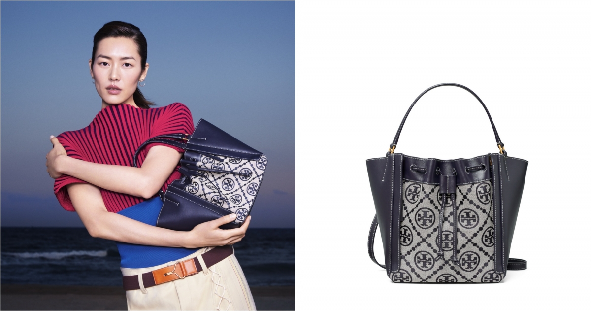 Tory Burch 海軍藍 T Monogram 抽繩扇型托特包,NT$23,900